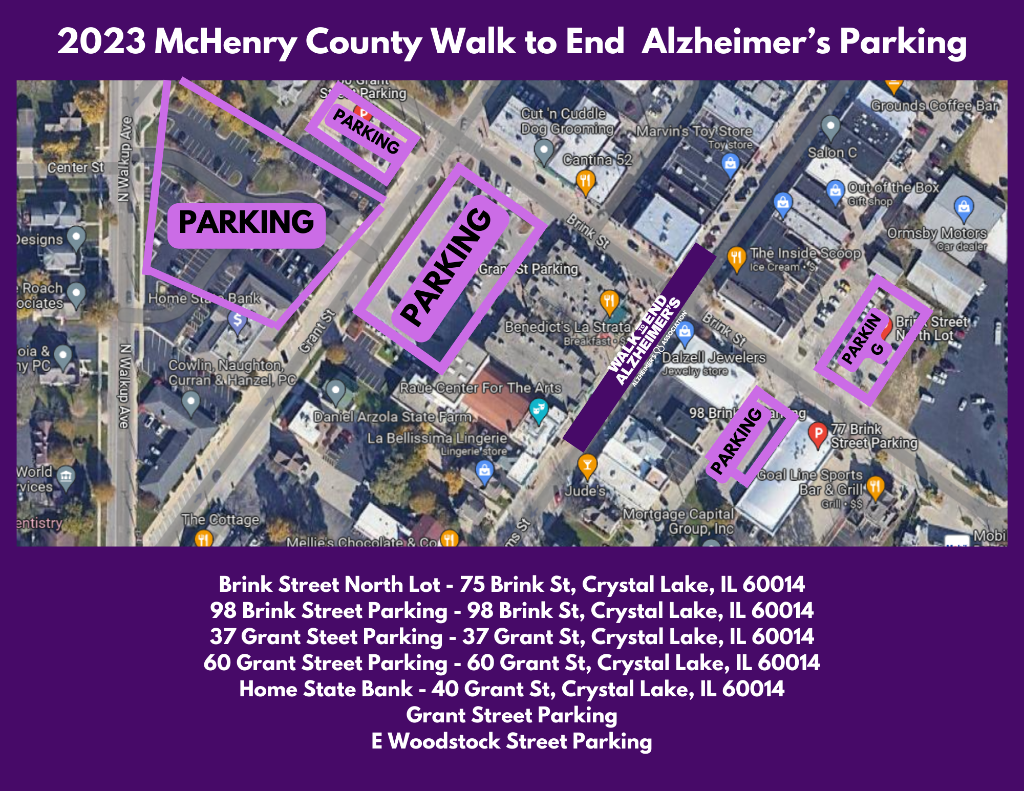 2023 Mapa de configuración de la ruta de la caminata para acabar con el Alzheimer del condado de McHenry.