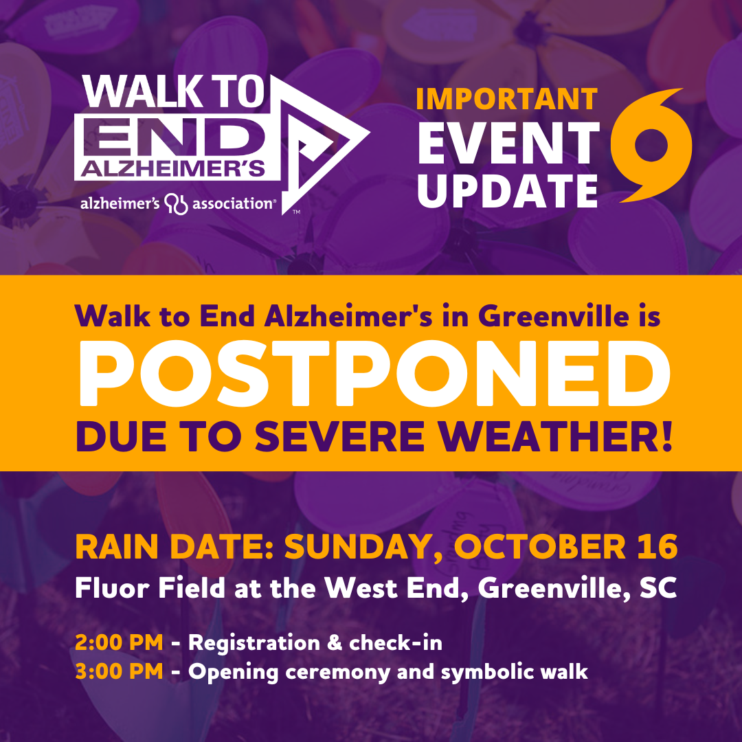 Walk to End Alzheimer's en Greenville ha sido pospuesto.